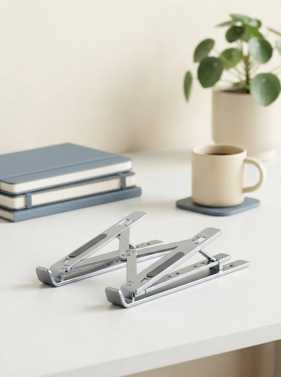 A silver adjustable aluminum laptop stand displayed on a clean white desk with slate blue and cream accessories.